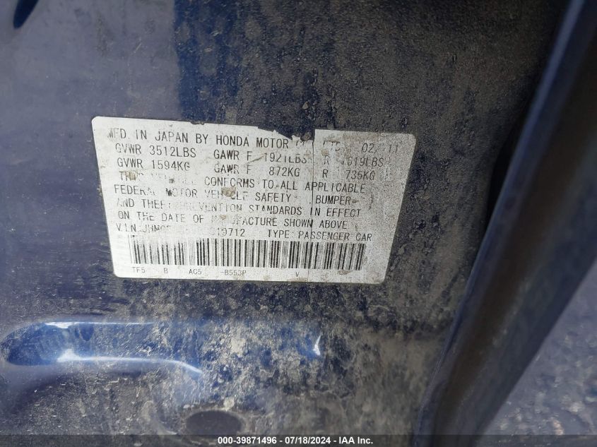 2011 Honda Fit Sport VIN: JHMGE8H59BC019712 Lot: 39871496