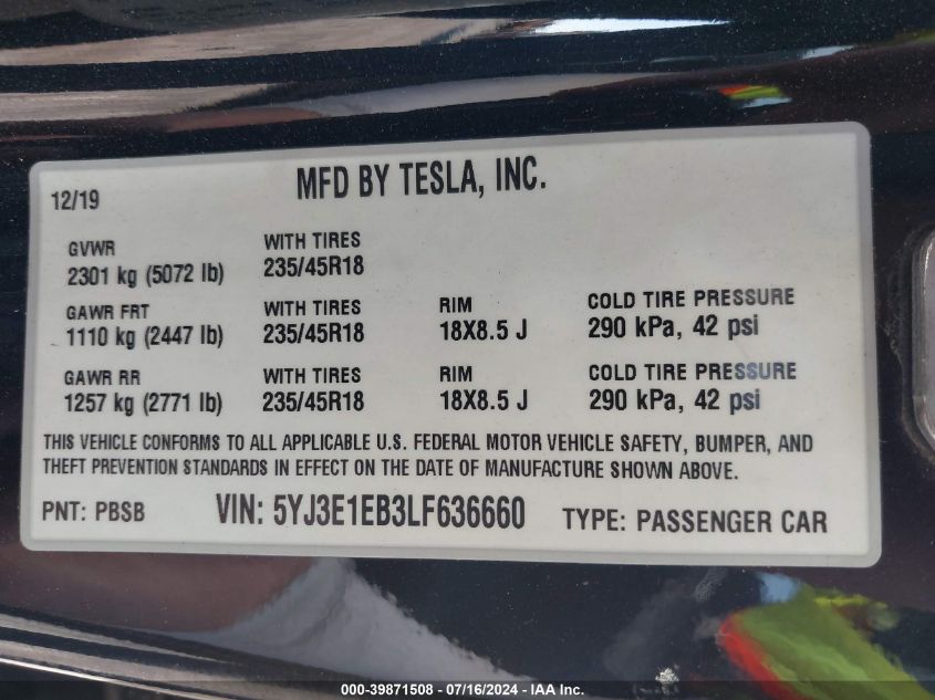 2020 Tesla Model 3 Long Range Dual Motor All-Wheel Drive VIN: 5YJ3E1EB3LF636660 Lot: 39871508