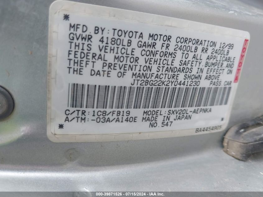 2000 Toyota Camry Le VIN: JT2BG22K2Y0441230 Lot: 39871526