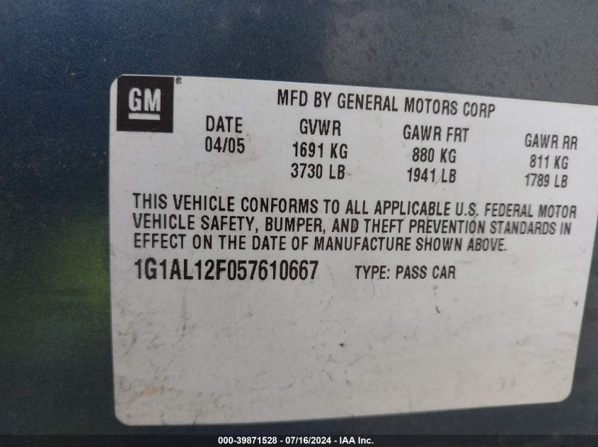2005 Chevrolet Cobalt Ls VIN: 1G1AL12F057610667 Lot: 39871528