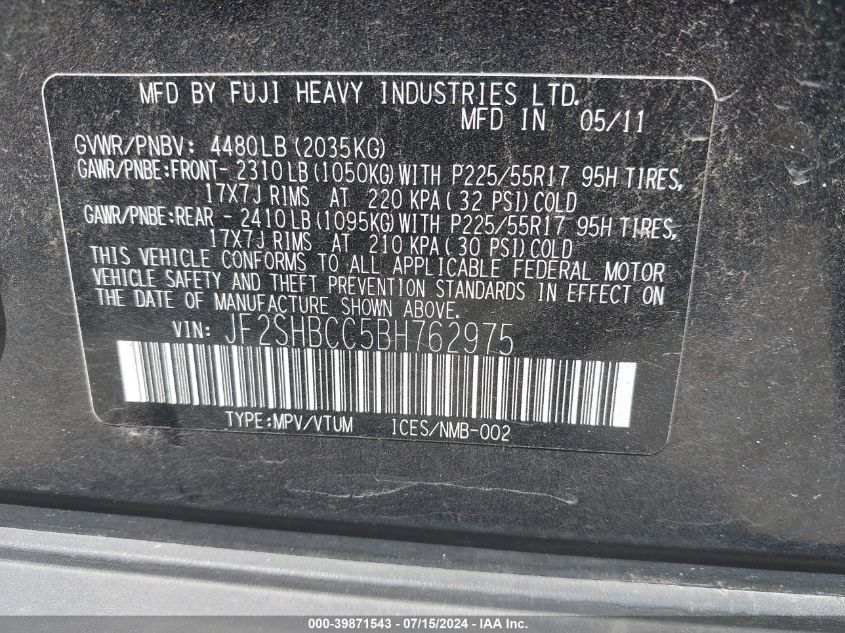2011 Subaru Forester 2.5X Premium VIN: JF2SHBCC5BH762975 Lot: 39871543