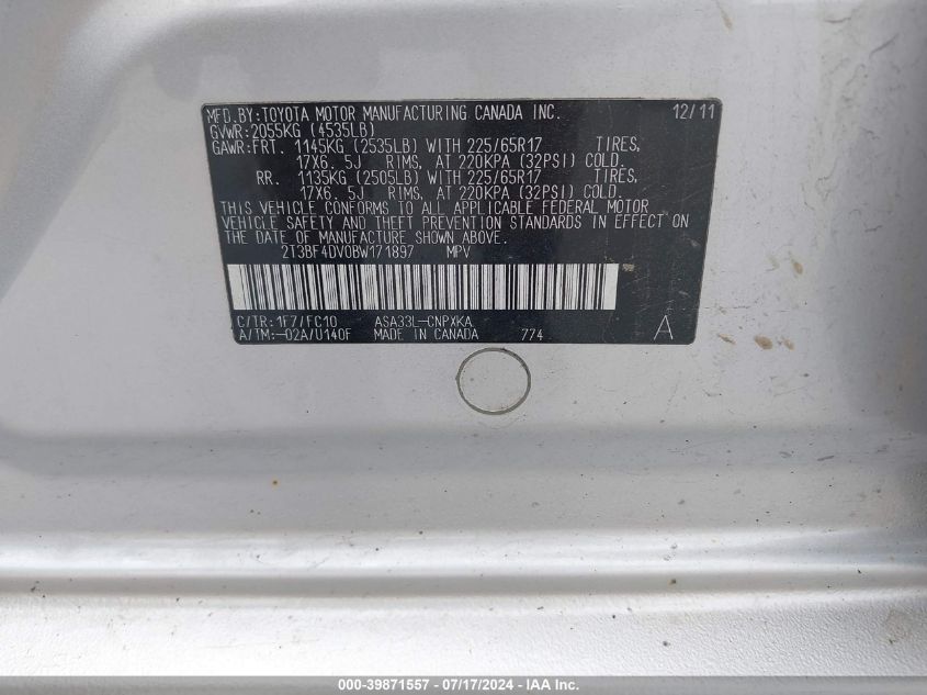 2011 Toyota Rav4 VIN: 2T3BF4DV0BW171897 Lot: 39871557