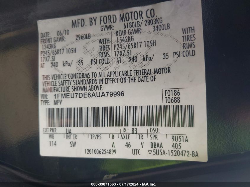 2010 Ford Explorer Xlt VIN: 1FMEU7DE8AUA79996 Lot: 39871563