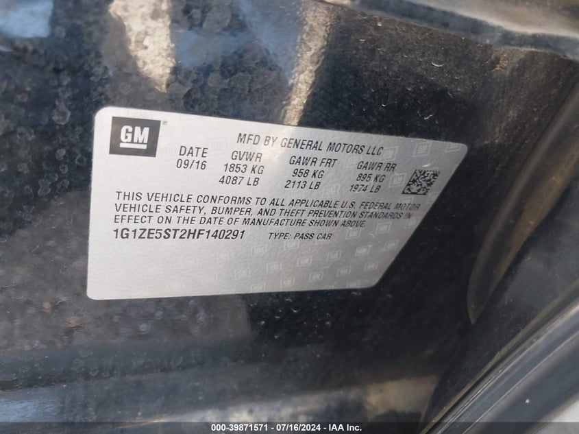 2017 Chevrolet Malibu 1Lt VIN: 1G1ZE5ST2HF140291 Lot: 39871571