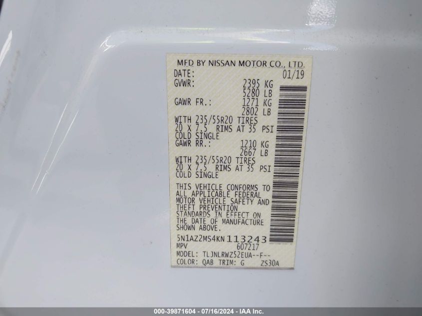 2019 Nissan Murano Sl VIN: 5N1AZ2MS4KN113243 Lot: 39871604