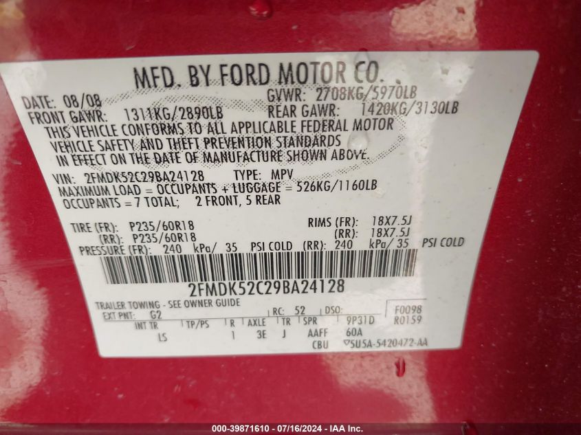 2009 Ford Flex Sel VIN: 2FMDK52C29BA24128 Lot: 39871610