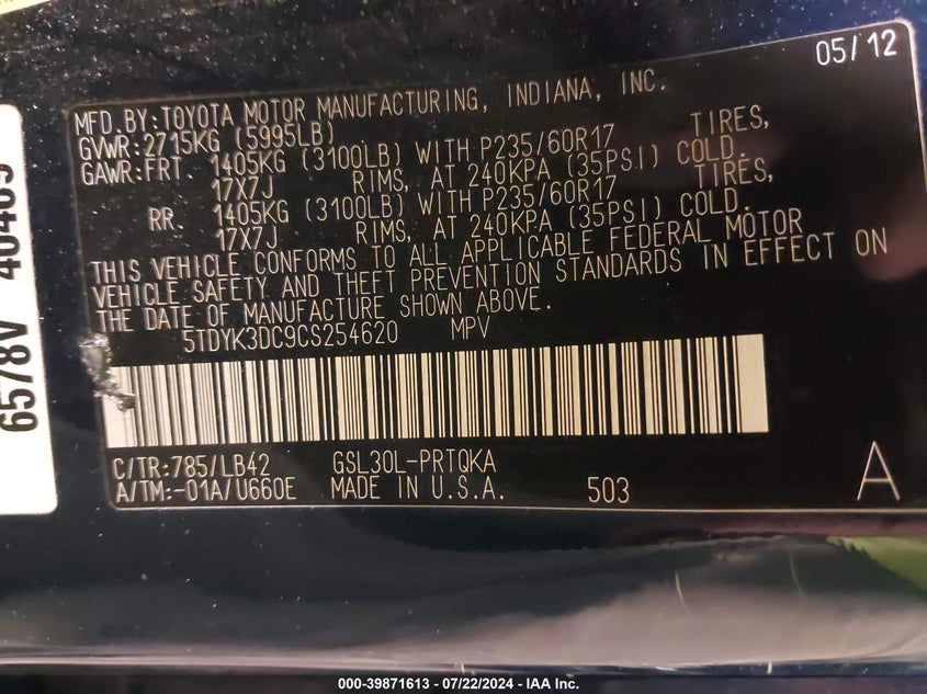 2012 Toyota Sienna Xle V6 8 Passenger VIN: 5TDYK3DC9CS254620 Lot: 39871613