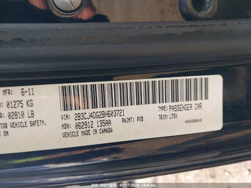 2011 Dodge Challenger VIN: 2B3CJ4DG2BH603721 Lot: 39871616