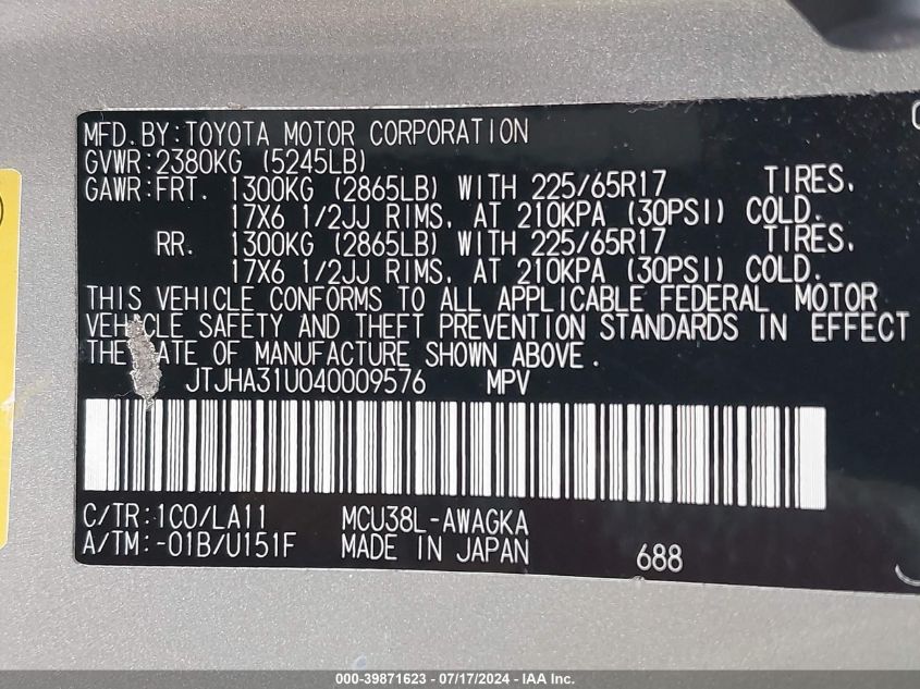 2004 Lexus Rx 330 VIN: JTJHA31U040009576 Lot: 39871623