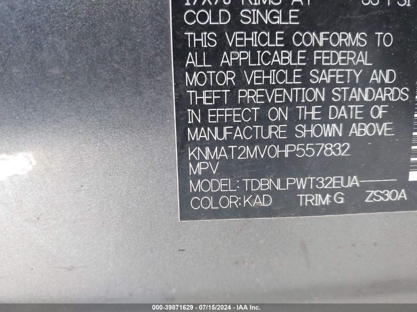 2017 Nissan Rogue S VIN: KNMAT2MV0HP557832 Lot: 39871629