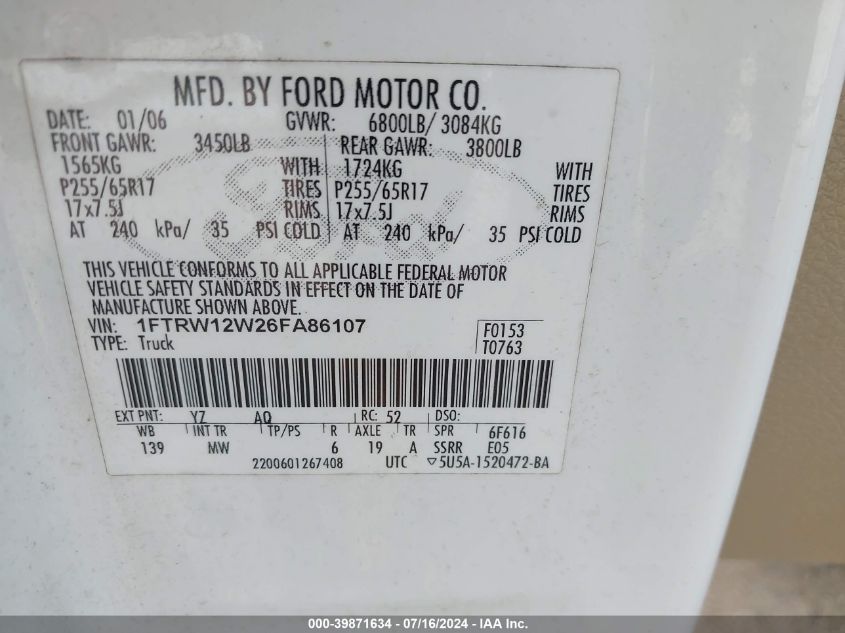 2006 Ford F-150 Xlt VIN: 1FTRW12W26FA86107 Lot: 39871634