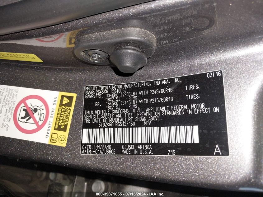 2016 Toyota Highlander Le Plus V6 VIN: 5TDZKRFH8GS137150 Lot: 39871655