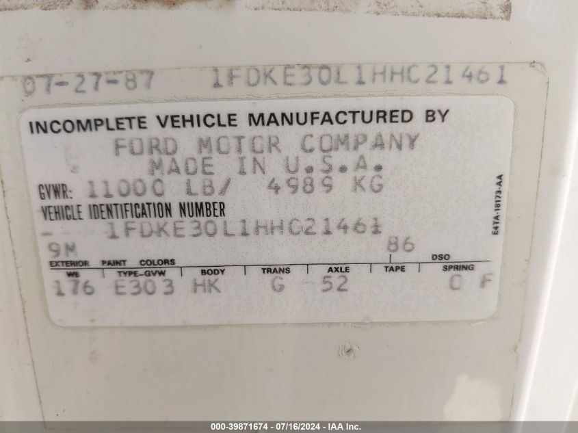 1987 Ford Econoline E350 Cutaway Van VIN: 1FDKE30L1HHC21461 Lot: 39871674