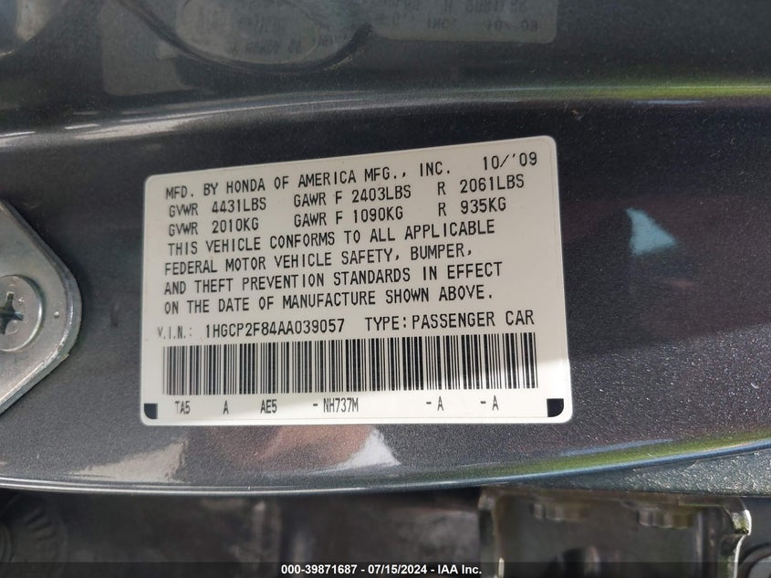 2010 Honda Accord 2.4 Ex-L VIN: 1HGCP2F84AA039057 Lot: 39871687