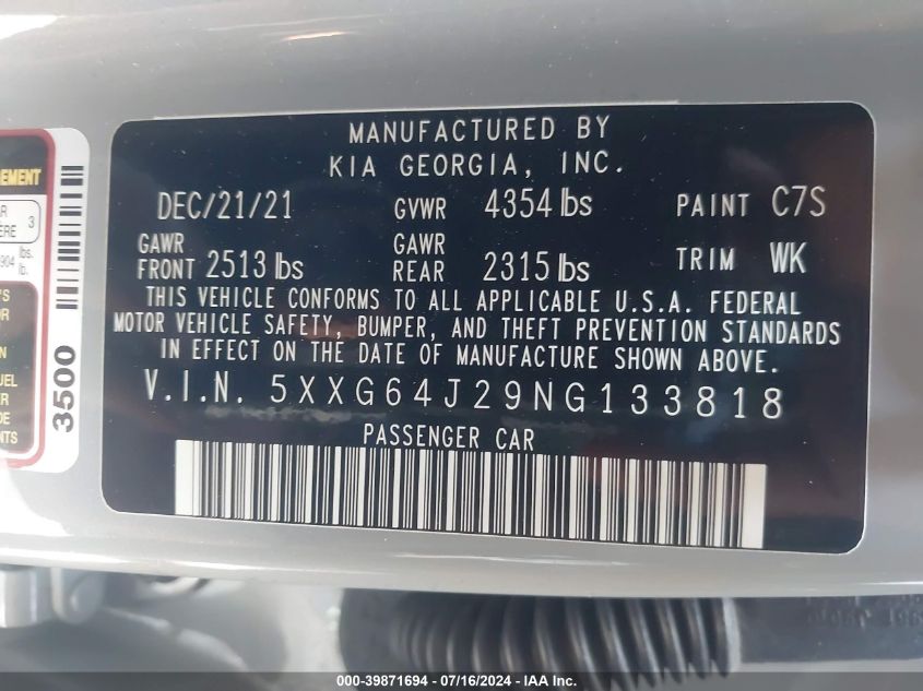 2022 Kia K5 Gt-Line VIN: 5XXG64J29NG133818 Lot: 39871694