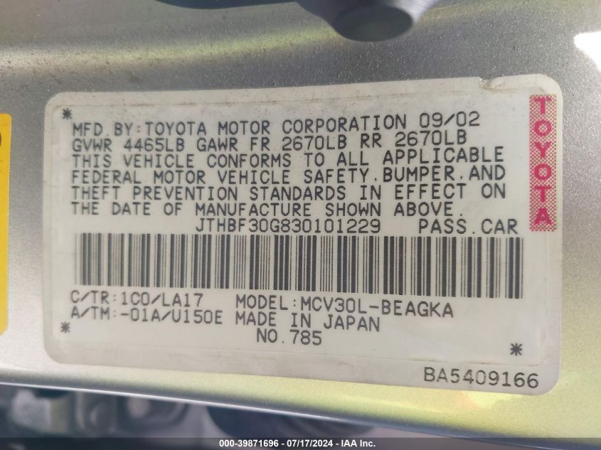 2003 Lexus Es 300 VIN: JTHBF30G830101229 Lot: 39871696