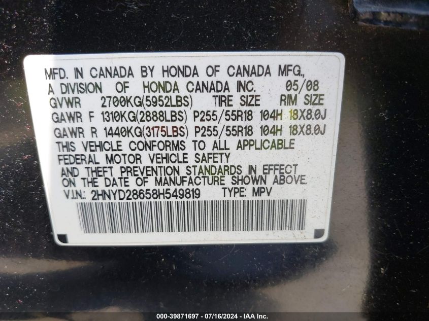 2008 Acura Mdx Technology Package VIN: 2HNYD28658H549819 Lot: 39871697