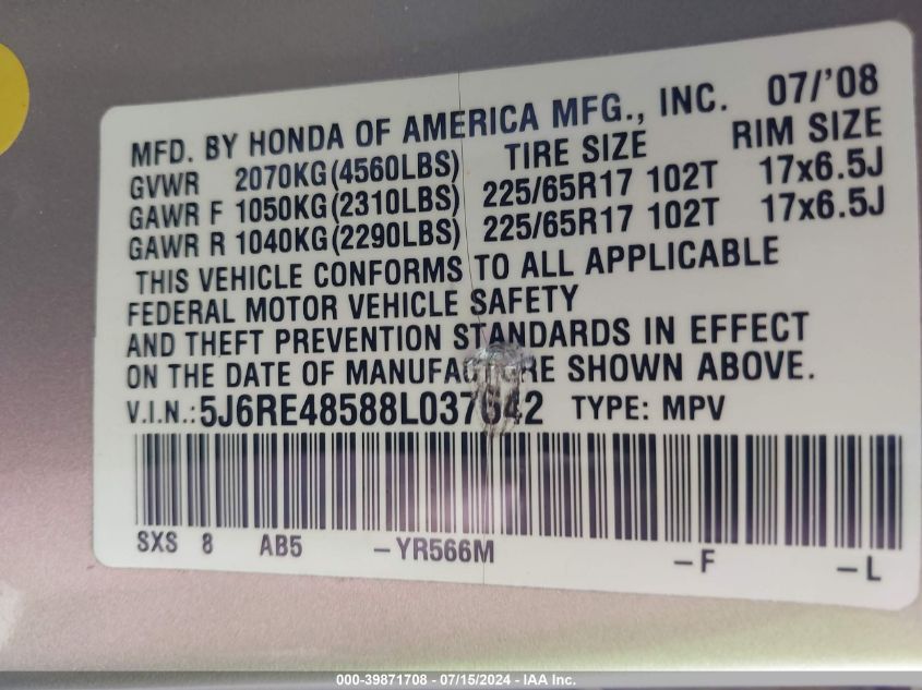2008 Honda Cr-V Ex VIN: 5J6RE48588L037642 Lot: 39871708