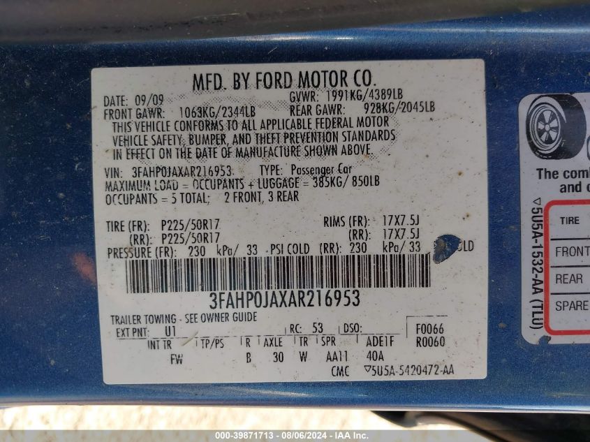 2010 Ford Fusion Sel VIN: 3FAHP0JAXAR216953 Lot: 39871713