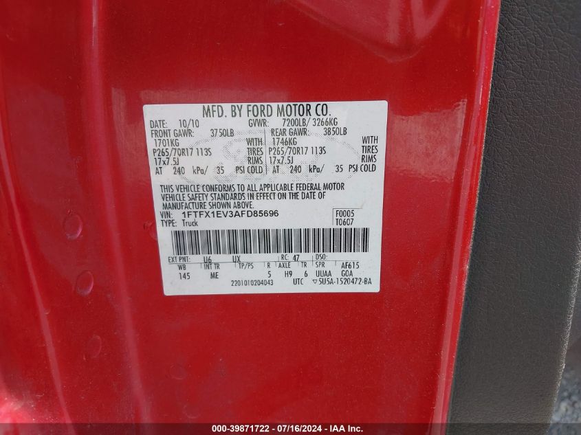 2010 Ford F-150 Fx4/Lariat/Xl/Xlt VIN: 1FTFX1EV3AFD85696 Lot: 39871722