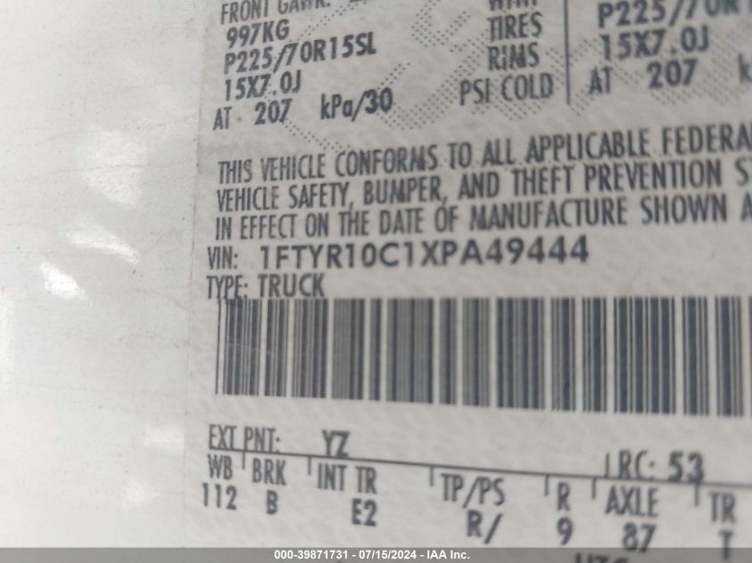 1999 Ford Ranger Xl/Xlt VIN: 1FTYR10C1XPA49444 Lot: 39871731