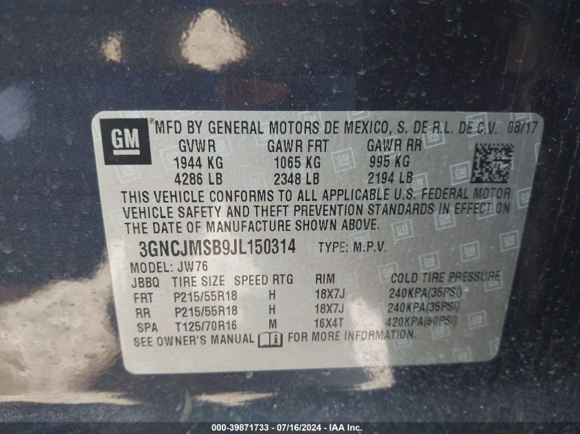 2018 Chevrolet Trax Premier VIN: 3GNCJMSB9JL150314 Lot: 39871733