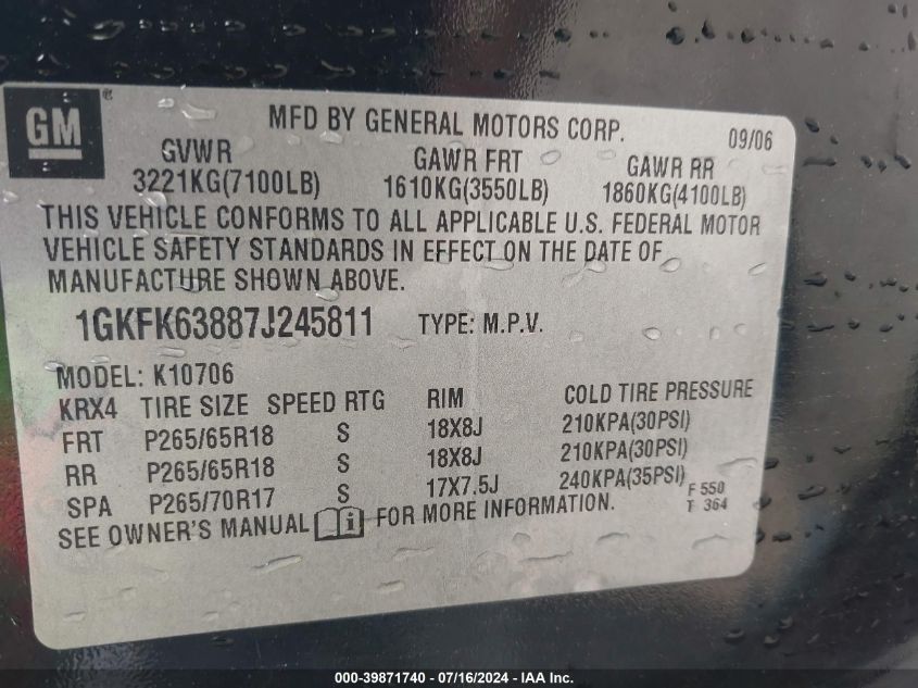 2007 GMC Yukon Denali VIN: 1GKFK63887J245811 Lot: 39871740