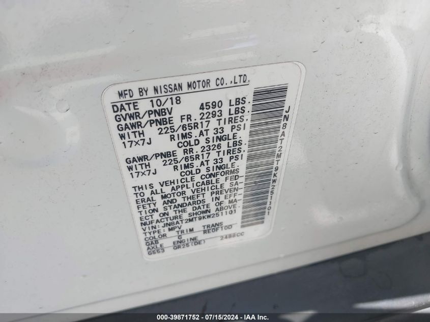 2019 Nissan Rogue Sv VIN: JN8AT2MT9KW251101 Lot: 39871752