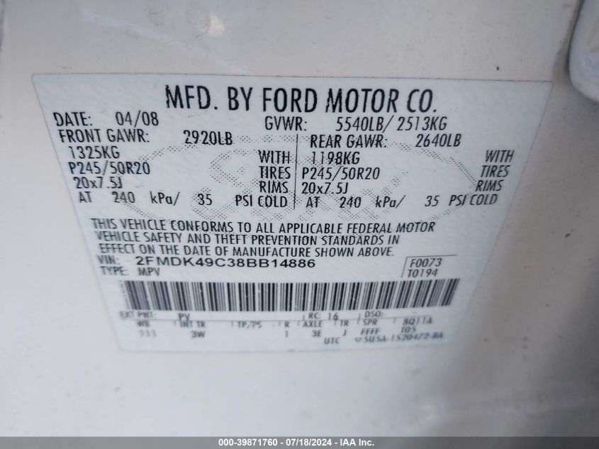 2008 Ford Edge Limited VIN: 2FMDK49C38BB14886 Lot: 39871760