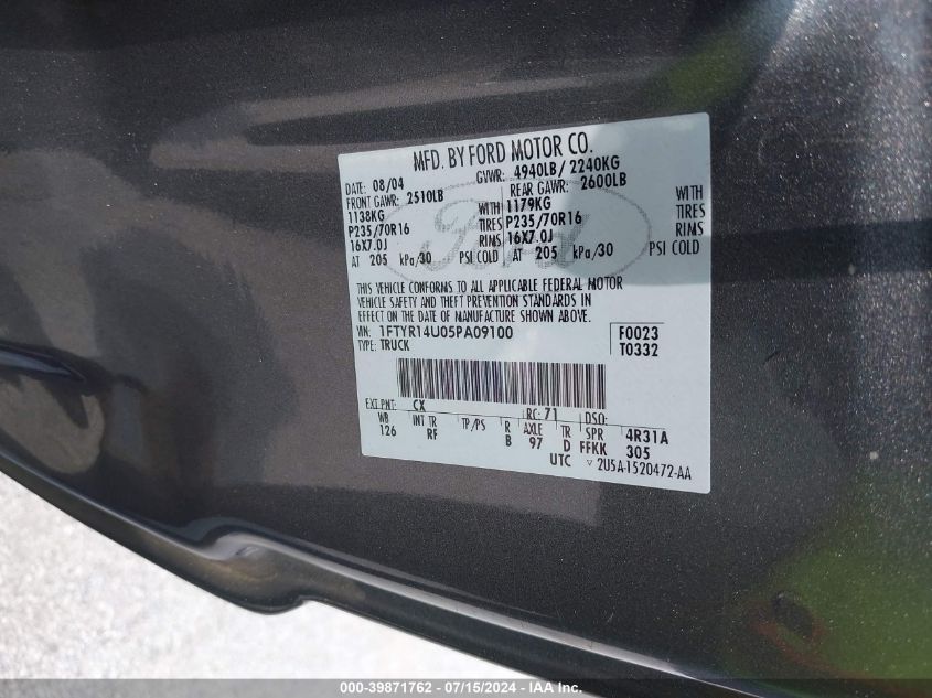 2005 Ford Ranger Edge/Stx/Xl/Xlt VIN: 1FTYR14U05PA09100 Lot: 39871762