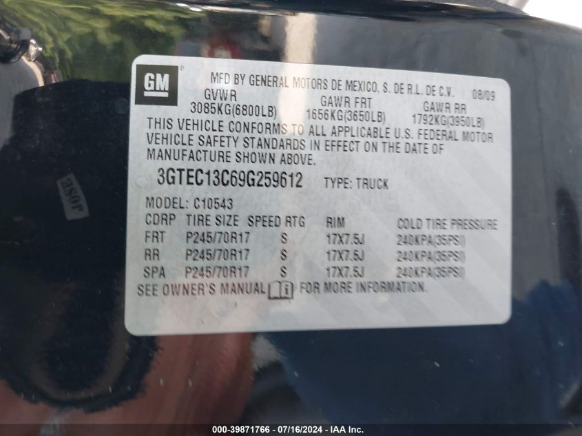 2009 GMC Sierra 1500 Sl VIN: 3GTEC13C69G259612 Lot: 39871766