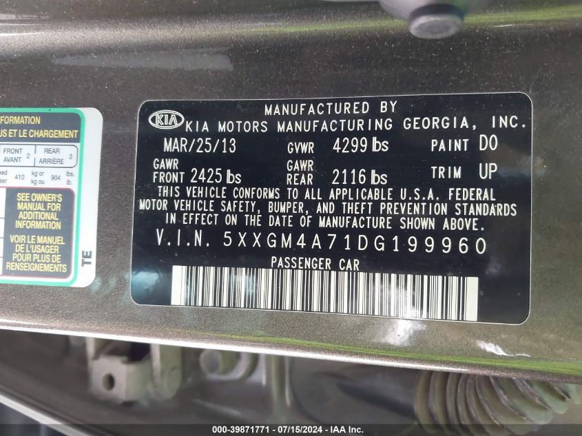 2013 Kia Optima Lx VIN: 5XXGM4A71DG199960 Lot: 39871771