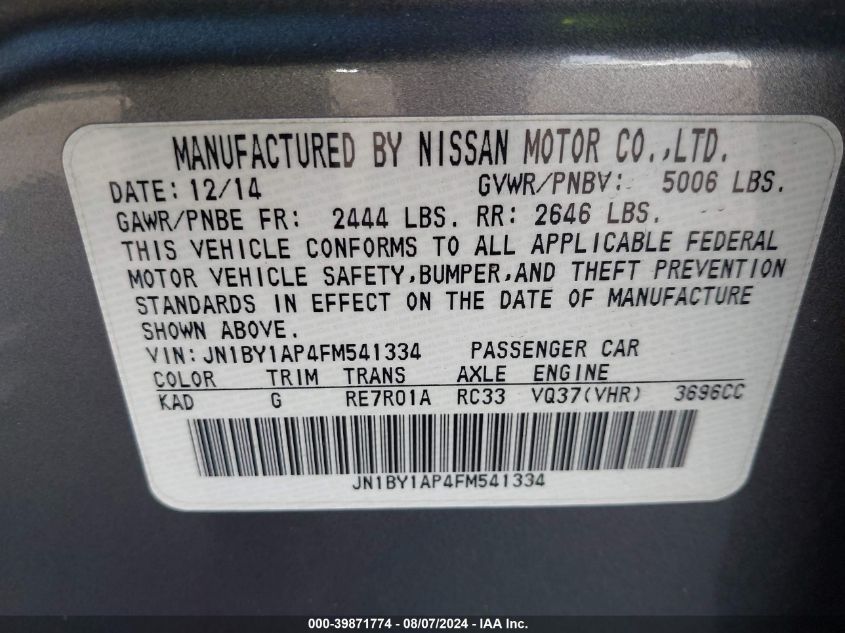 2015 Infiniti Q70 3.7 VIN: JN1BY1AP4FM541334 Lot: 39871774