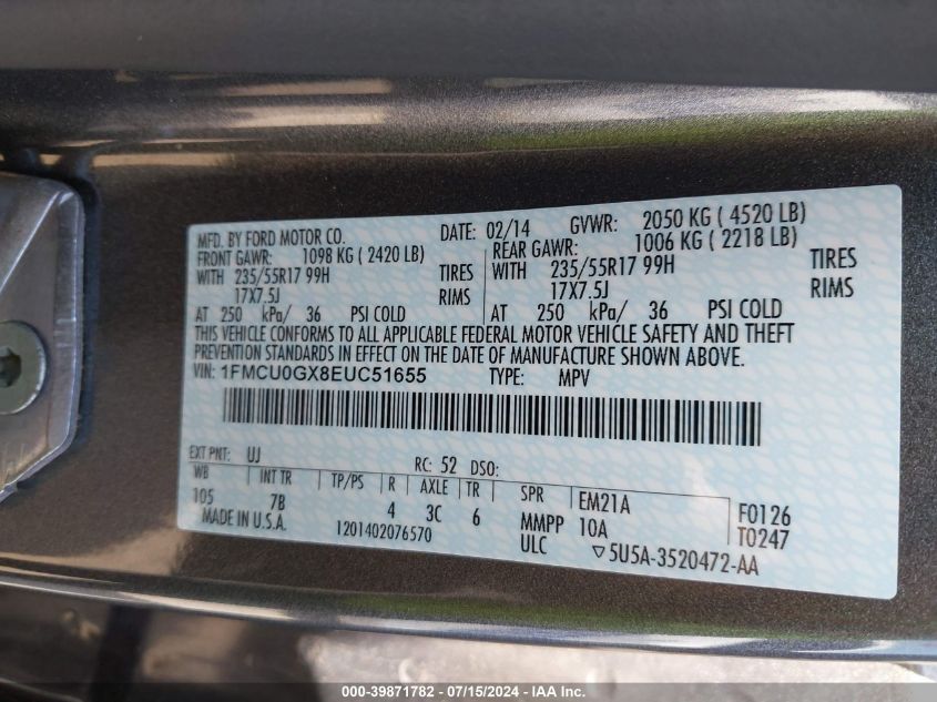 2014 Ford Escape Se VIN: 1FMCU0GX8EUC51655 Lot: 39871782