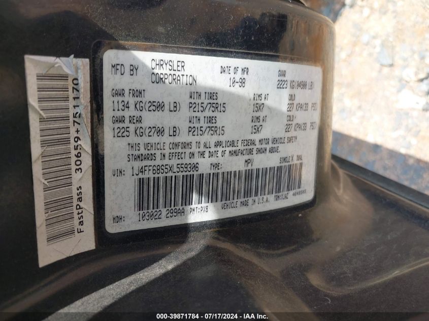 1999 Jeep Cherokee Classic/Sport VIN: 1J4FF68S5XL559306 Lot: 39871784