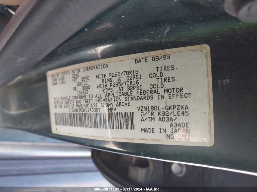 JT3GN87R3Y0140367 2000 Toyota 4Runner Limited V6