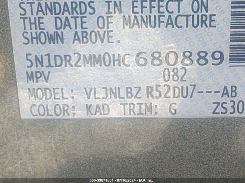 2017 Nissan Pathfinder S VIN: 5N1DR2MM0HC680889 Lot: 39871801