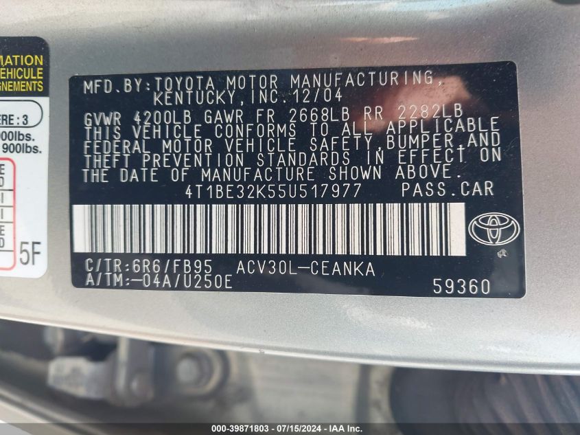 4T1BE32K55U517977 | 2005 TOYOTA CAMRY