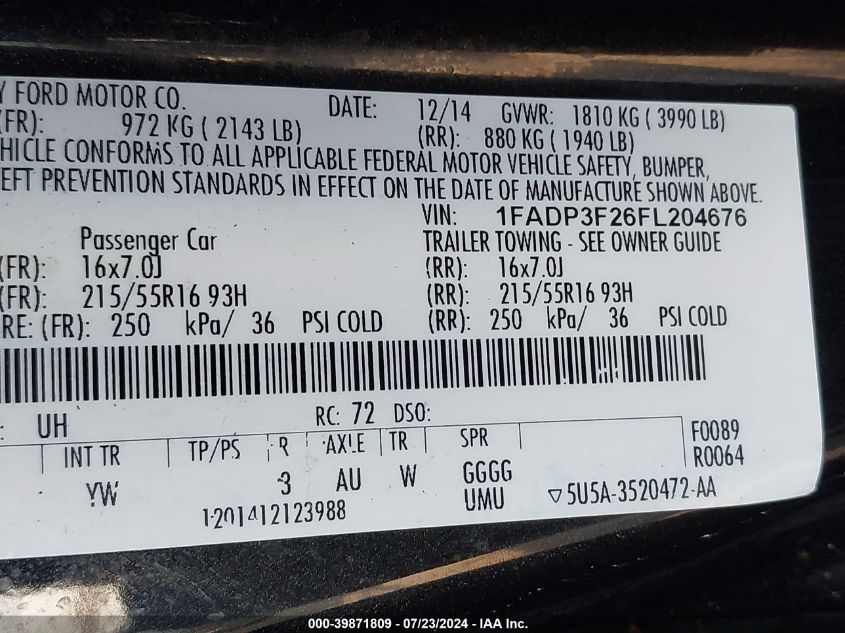 2015 FORD FOCUS SE - 1FADP3F26FL204676