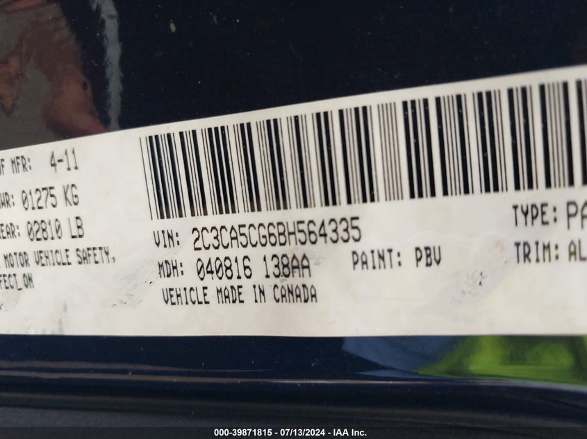 2011 Chrysler 300 Limited VIN: 2C3CA5CG6BH564335 Lot: 39871815