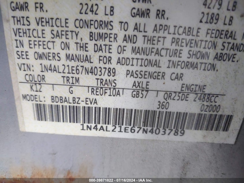 2007 Nissan Altima 2.5 S VIN: 1N4AL21E67N403789 Lot: 39871822