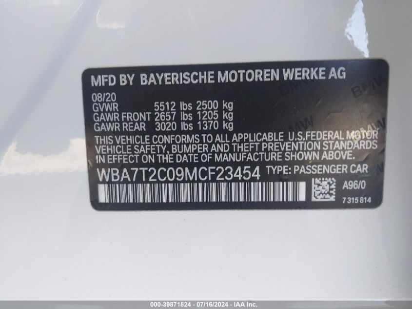 2021 BMW 740I VIN: WBA7T2C09MCF23454 Lot: 39871824