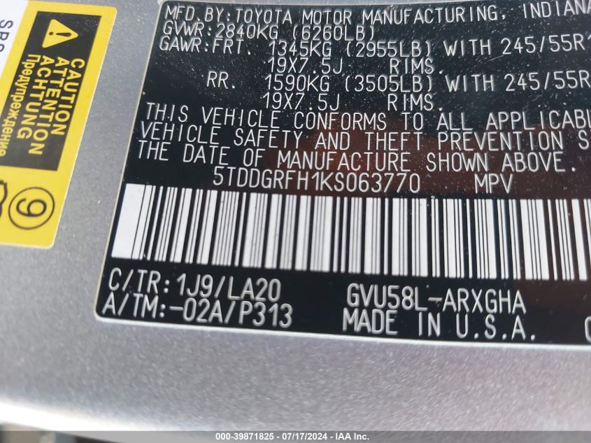 2019 Toyota Highlander Hybrid Limited Platinum VIN: 5TDDGRFH1KS063770 Lot: 39871825