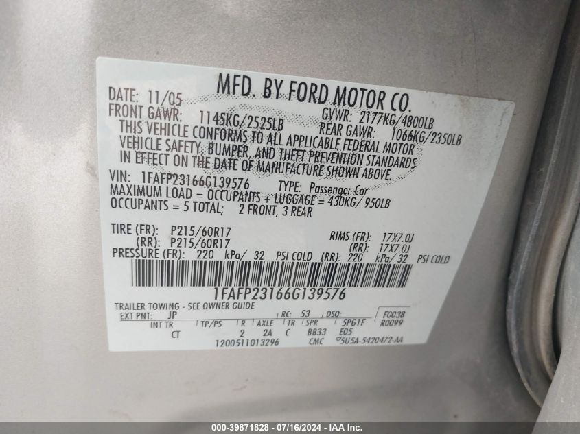 2006 Ford Five Hundred Se VIN: 1FAFP23166G139576 Lot: 39871828