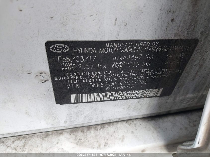2017 Hyundai Sonata VIN: 5NPE24AF5HH556765 Lot: 39871836