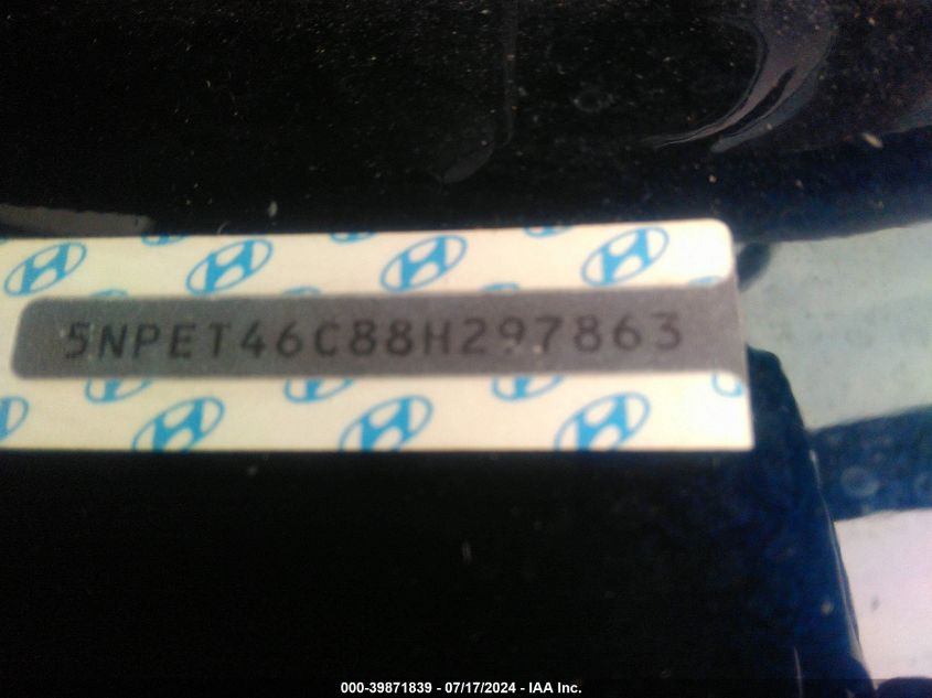 2008 Hyundai Sonata Gls VIN: 5NPET46C88H297863 Lot: 39871839