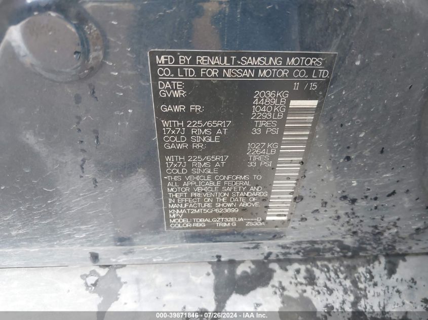 2016 Nissan Rogue Sv VIN: KNMAT2MT5GP623899 Lot: 39871846