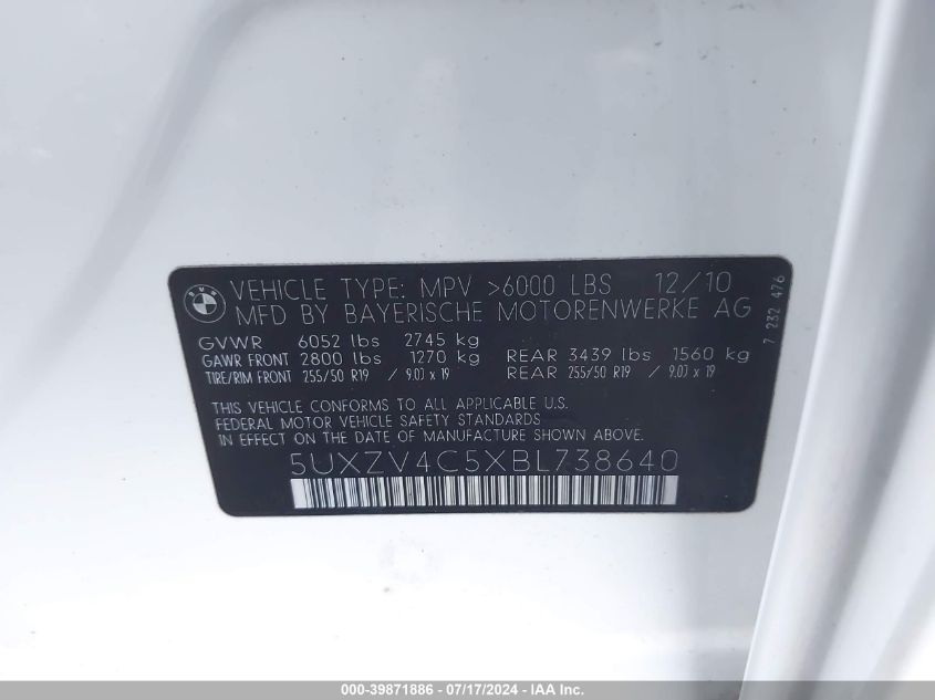 2011 BMW X5 xDrive35I/xDrive35I Premium/xDrive35I Sport Activity VIN: 5UXZV4C5XBL738640 Lot: 39871886