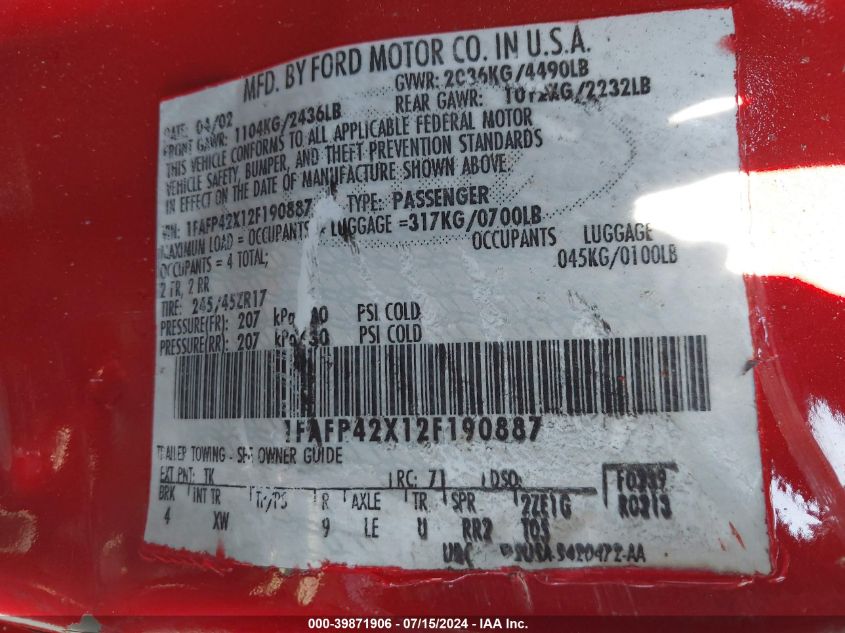 2002 Ford Mustang Gt VIN: 1FAFP42X12F190887 Lot: 39871906