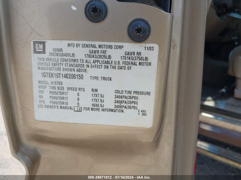 2004 GMC Sierra 1500 Sle VIN: 1GTEK19T14E206150 Lot: 39871912
